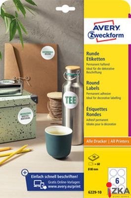 Etykiety o nietypowych kształtach, A4, 10 ark./op., Q80 mm, okrągłe, trwałe, AVERY ZWECKFORM, 6229.10.01 6229-10 biale