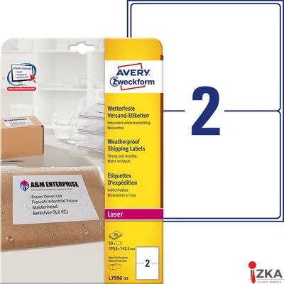 Etykiety wysyłkowe odporne na zmiany pogodowe, A4, 25 ark./op., 199,6 x 143,5 mm, białe, AVERY ZWECKFORM, L7996-25