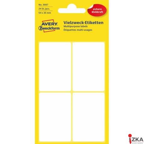 Trwałe minietykiety do opisywania ręcznego, 24 etyk./op., 54 x 35 mm, białe, AVERY ZWECKFORM, 3087