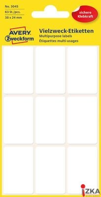 Białe minietykiety do opisywania ręcznego, 63 etyk./op., 38 x 24 mm, białe, AVERY ZWECKFORM, 3045